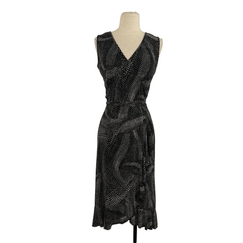 New York & Company Faux Wrap Ruffle Polka Dot Dress Sz S Black Tan Stretchy Sexy